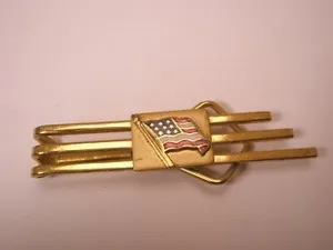 Authentic American Flag Gold Plated Enamel Vintage SWANK KLIP B&W PLATE Tie Bar Clip