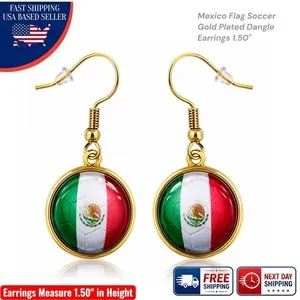 Authentic Mexico Soccer Flag Dangle Earrings Gold Plated Glass Cabochon Football Fans