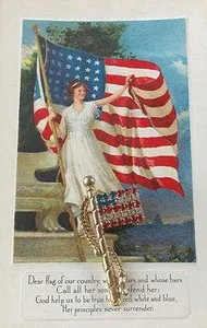 Authentic GOLD PLATED RED, WHITE & BLUE RHINESTONE SET AMERICAN FLAG ON STAFF BROOCH-EUC