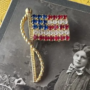 Authentic Rafaelian Silver American Flag Brooch – Gold Plated Rhinestone – 2” Patriotic