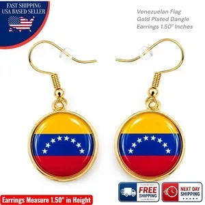 Authentic Venezuela Flag Earrings Glass Cabochon Dangle Gold Plated Charm Venezuelan