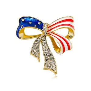 Authentic Bowknot USA Flag Brooch Pin Women Gold Plated Crystal Star