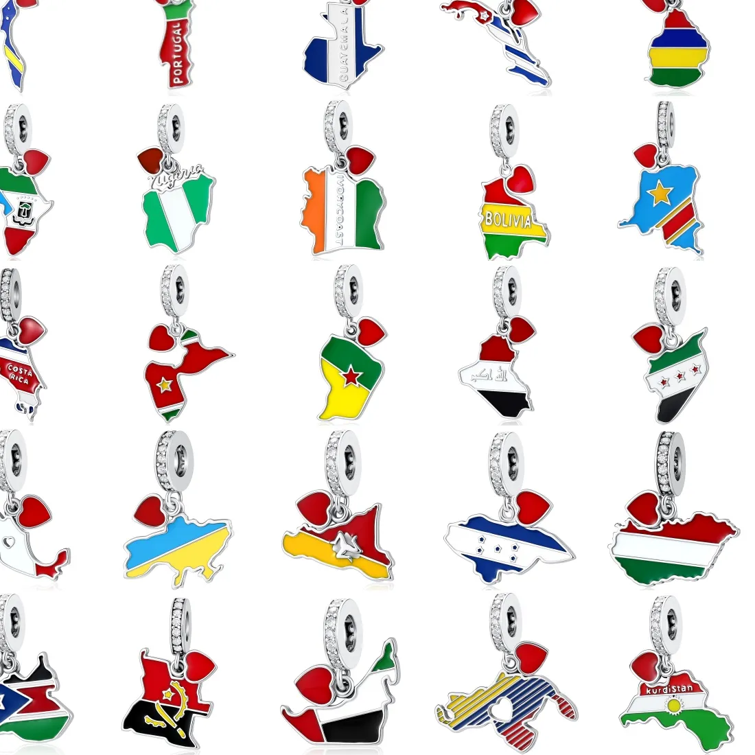 Authentic 925 Silver Multi Country Contour Map National Flag Pendant Compatible Bracelet Patriotic Travel Commemorative Jewelry