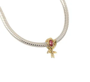 Authentic 100% Authentic PANDORA 14K Gold Plated Pink Tulip Openwork Charm 764555C01