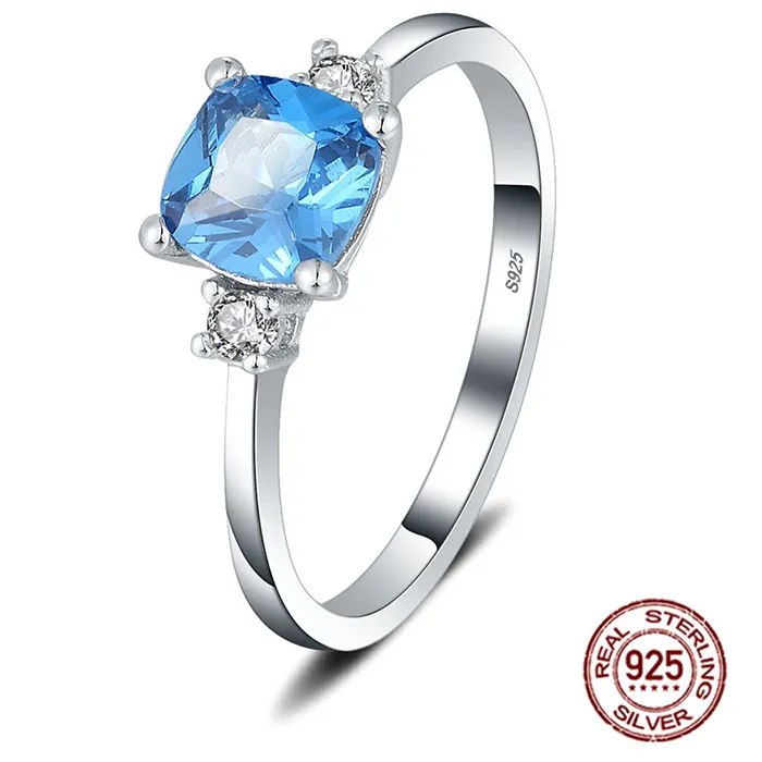 Authentic CLUCI Real 925 Sterling Silver White Blue Aquare Cubic Zircon Rings for Women Party Wedding Silver Rings Jewelry Gifts DR1042SB