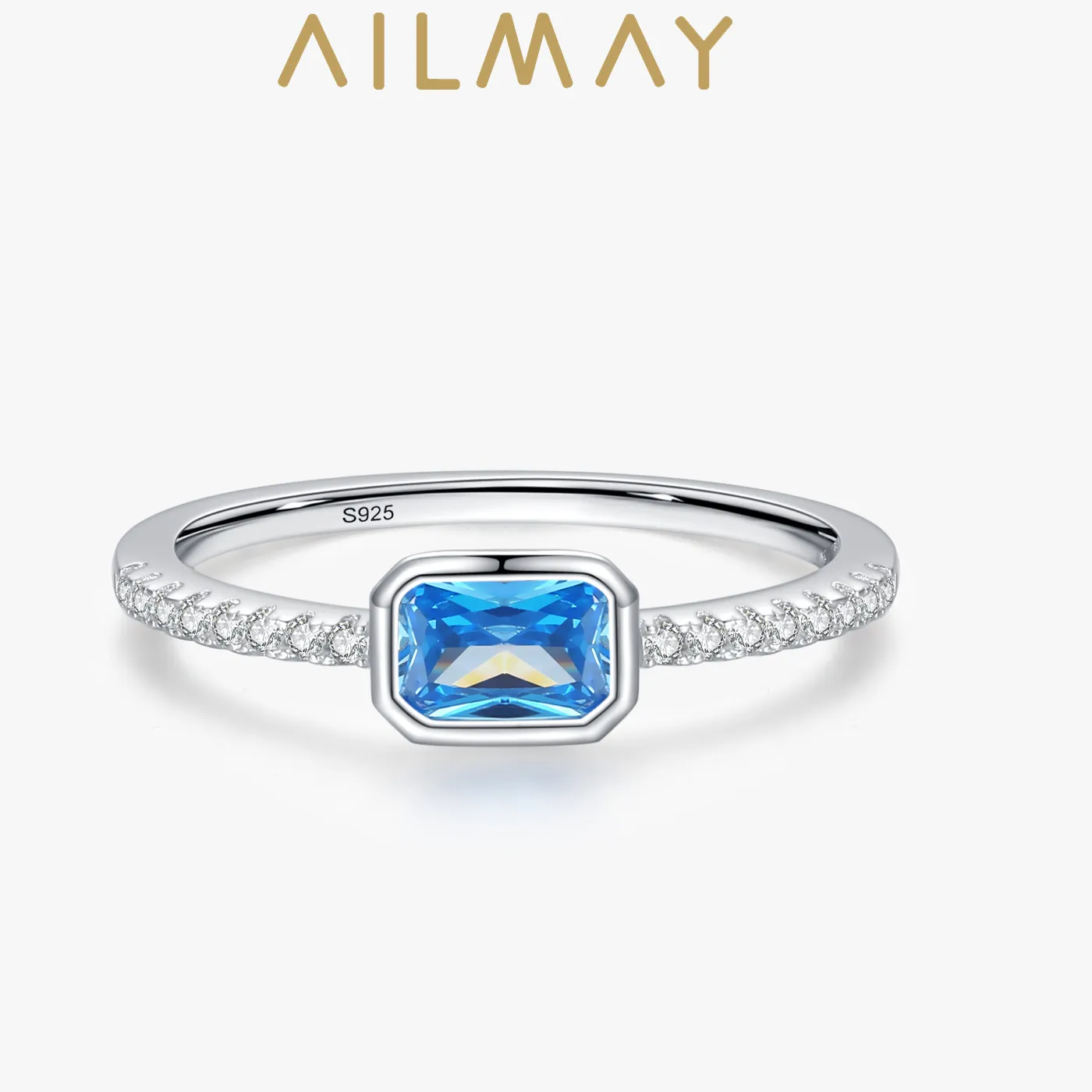 Authentic Ailmay Real 925 Sterling Silver Luxury Romantic Rectangle Blue Clean CZ Ring For Women Trendy Wedding Accessories Jewelry Gifts