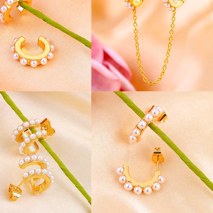Authentic CRMYA Gold-color Clip Hoop Chain Earrings For Women Piercing Imitation Pearl Women Earrings Set 2023 Jewelry