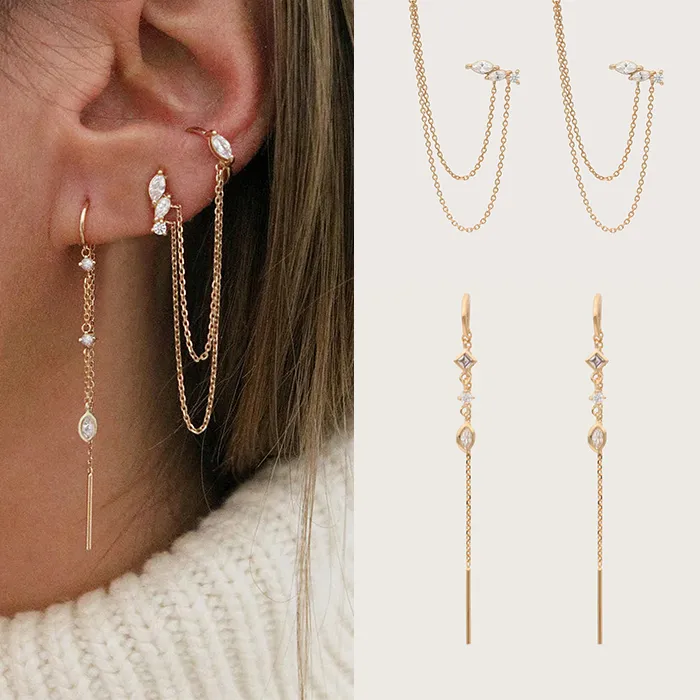 Authentic CRMYA 2pairs/set Earrings for Women gold color zirconia Classic Piercing Designer Chain Earring set 2024 Women Jewelry
