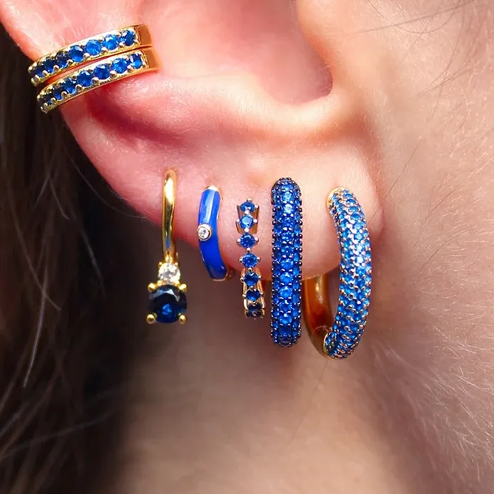 Authentic CRMYA Royal Blue Zircon Clip Drop Hoop Earrings For Women Vintage Gold color Famale Earring Set 2023 Jewelry