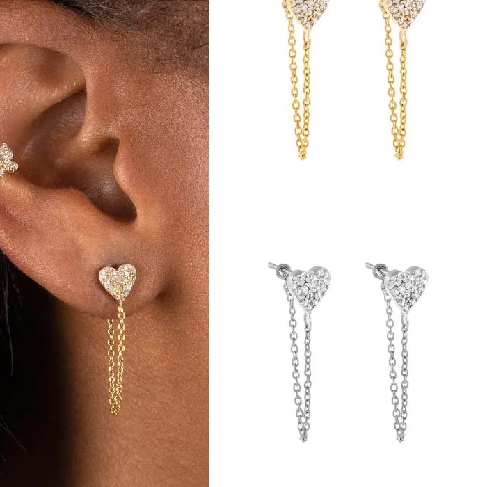 Authentic CRMYA Cute Chain Stud Earrings Heart Cubic Zirconia Silver Gold Filled Piercing Dangle Tassel Earrings Jewelry