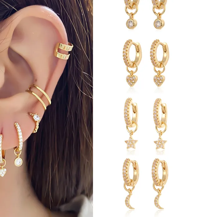 Authentic CRMYA Gold Silver Filled Drop Higgle Earring CZ Zircon Heart Star Moon Circle Dangle Hoop Earrings For Women Jewelry