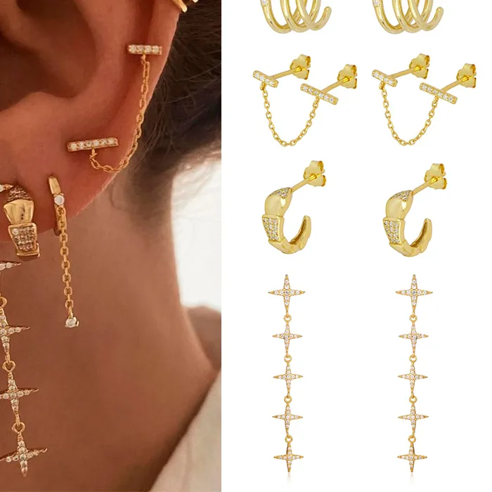 Authentic CRMYA Gold Filled Clip Stud Dangle Earrings For Women CZ Zircon Piercing Initial Chain Earring Jewelry