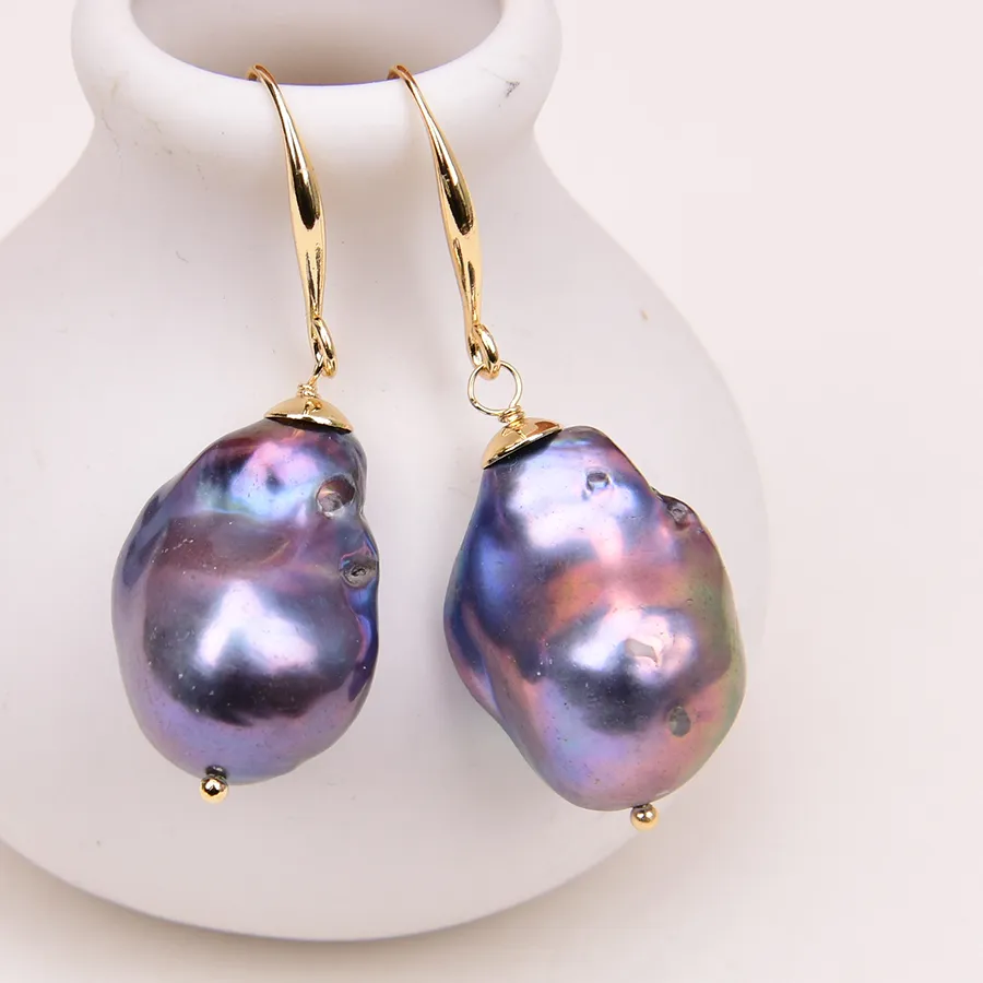 Authentic GG Cultured Black Keshi Pearl Dangle Earrings Real Baroque Pearl Gold Plated Ear Hook Wedding Jewelry Gifts
