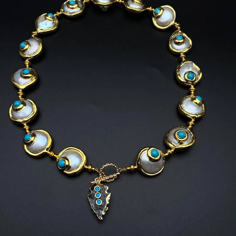 Authentic KKGEM White Quartz Arrowhead Charm Cultured Natural White Coin Freshwater Pearl Blue Crystal Choker Necklace