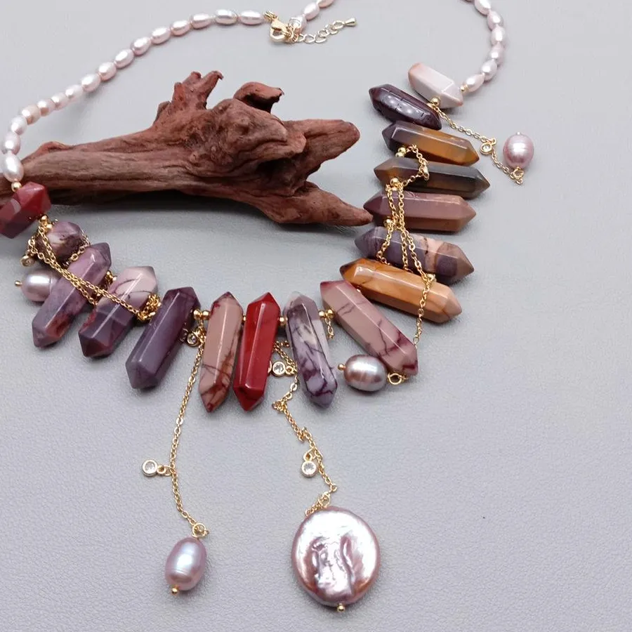 Authentic YYGEM Natural 9x36mm Stones Mookaite Cultured Purple Pearl Collier Statement Necklace Woman Girl Designer Jewelry