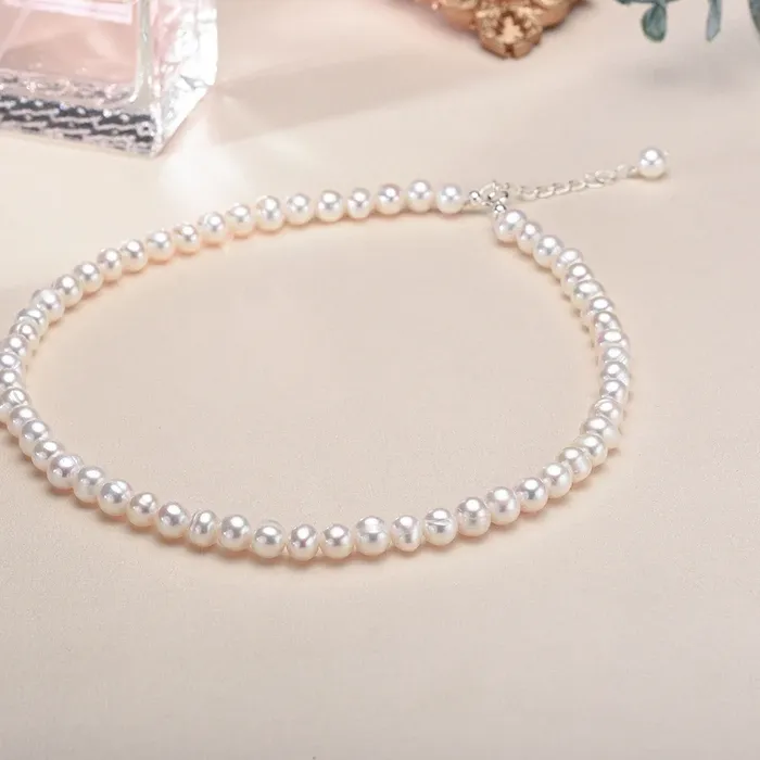 Authentic 6-7mm Freshwater Cultured Pearl Necklace, Real Chokers Pearl Necklace, Women's Sterling Silver Pearl Strand Necklaces