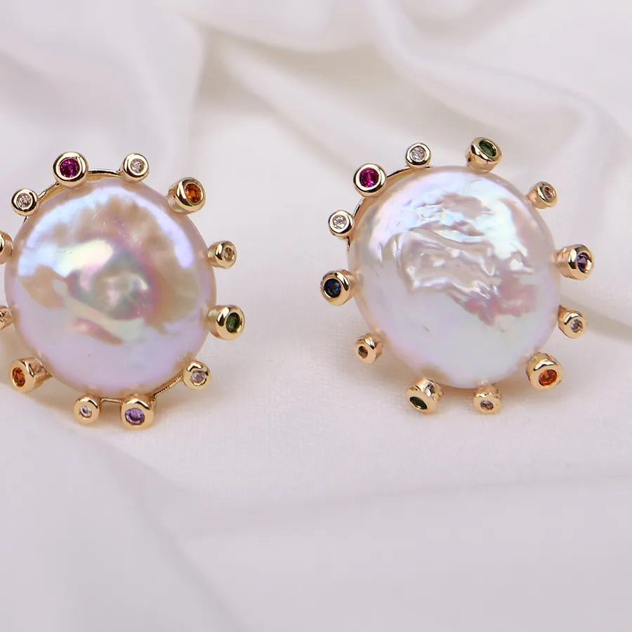 Authentic GG Natural Cultured White Keshi Pearl Stud Earrings For Women Valentines Day Jewelry
