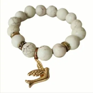 Authentic Bracelet Women's Round Bead Marble Gemstone Gold Plated Dove Charm