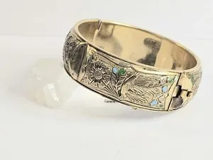 Authentic Dove Flowers Panel Bracelet Pink Blue Green Enamel Gold Plated Hinged 3" Wide