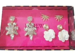 Authentic J.Crew Factory Crystal Sequin Dangle Earring Set Crystal White Gold Plated NIB