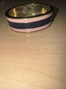 Authentic J. Crew Gold plated Pink Navy Enamel Stripes Bracelet.Engraved "NotFlashy