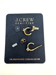 Authentic J CREW NWT Classy 14 K Gold Plated Hoop Earrings With Blue Stone Bag