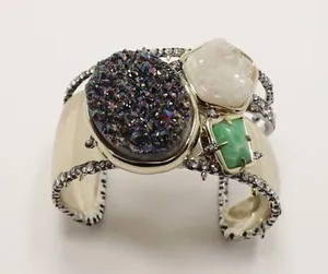 Authentic ALEXIS BITTAR YELLOW GOLD PLATED DRUZY, CRYSTAL AND CHRYSOPRASE CUFF BRACELET