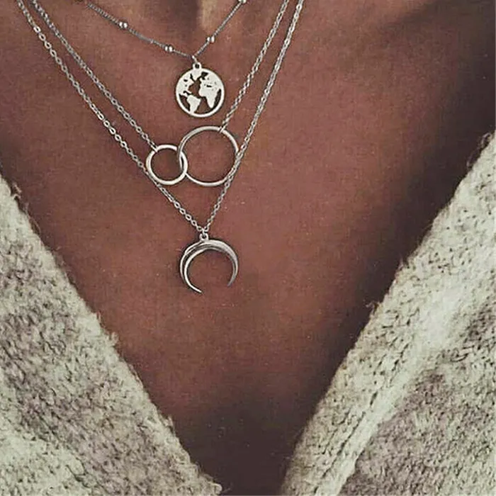 Authentic Retro Moon World Map Circle Pendant Multilayer Gold Color Necklace Party Charm Jewelry Accessories For Women