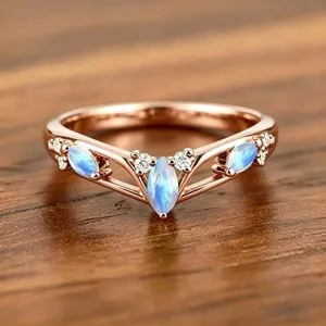 Authentic Natural Marquise Cut Moonstone Rose Gold Plated 925 Silver Engagement Ring/Band