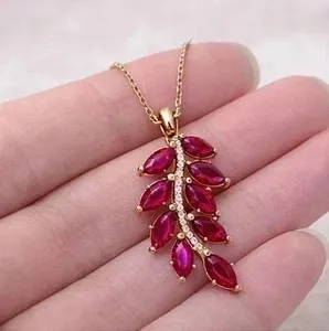Authentic 14K Yellow Gold Plated 2Ct Marquise Lab Created Red Ruby Women's Leaf Pendant