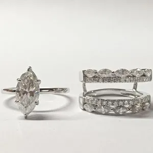 Authentic 14x7mm Marquise Cut Moissanite Enhancer Wedding Ring Sets 14K White Gold Plated