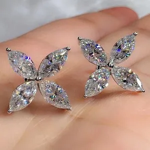 Authentic 2Ct Marquise Cut Simulated Diamond Flower Stud Earrings 14K White Gold Plated