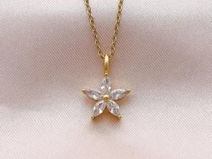 Authentic Marquise Cut Moissanite Flower Style 14K Gold Plated Floral Pendant Necklace