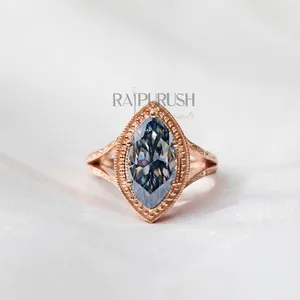 Authentic Dark Grey Marquise Moissanite Engagement Ring Art Deco Milgrain Silver Band