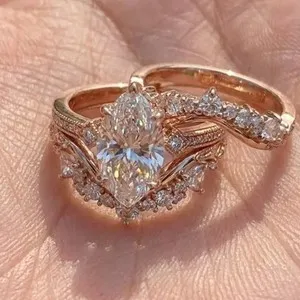 Authentic 3.46CTW Marquise Cut Moissanite Trio Engagement Set Ring In 14k Rose Gold Plated