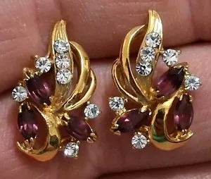 Authentic Gold plated marquise-cut purple stone earrings w/clear accent stones, open work