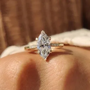 Authentic 1.5CT Marquise Cut Moissanite Woman's Engagement Ring In 14K Yellow Gold Plated