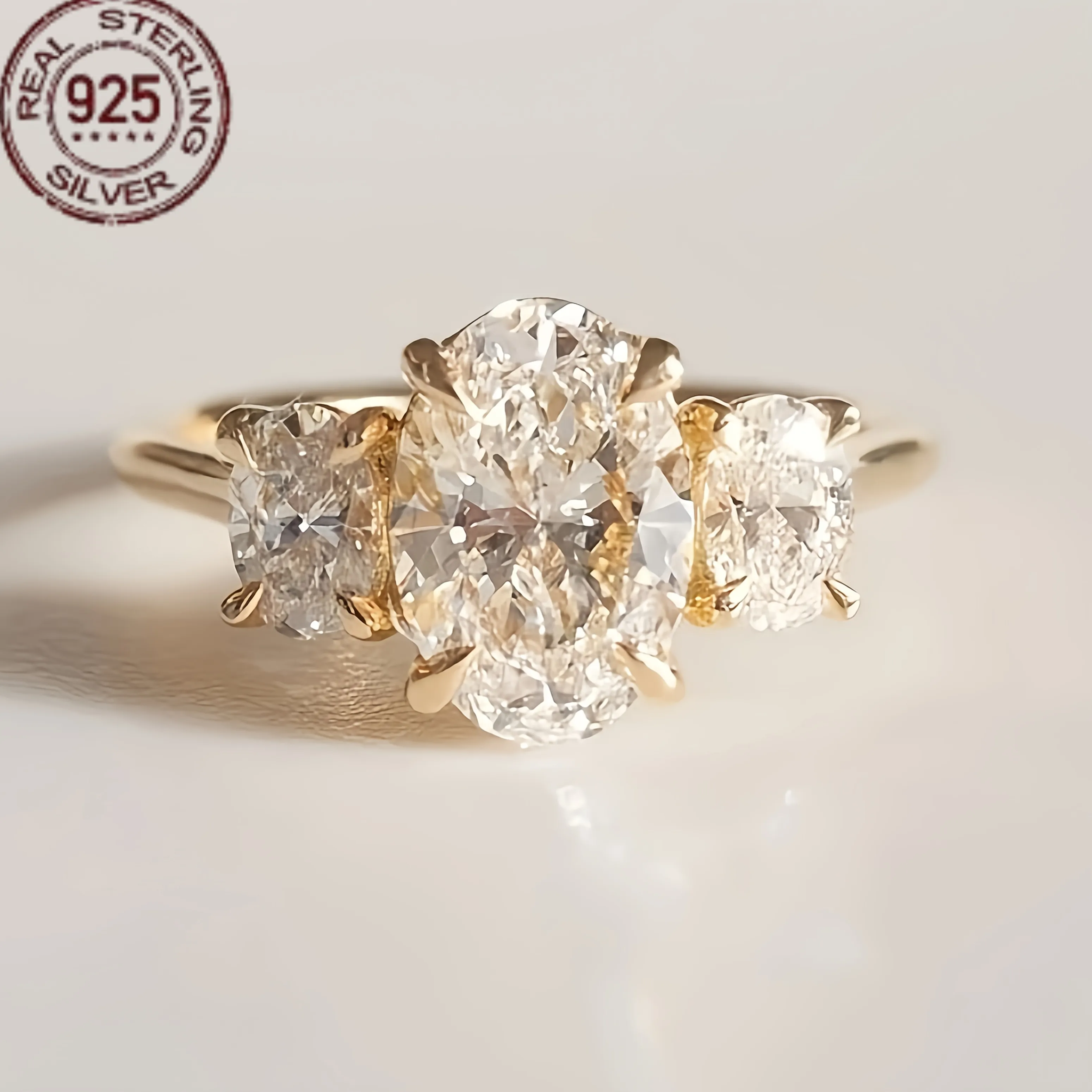 Authentic 4.0 CT Oval Cut Three Stone Style 925 Silver Engagement Rings Women Simple Style 18K Gold Plated Wedding Ring Party Fine Jewelry