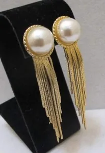 Authentic Mabe Faux Pearl GoldTone Slinky Fringe Dangles 2-3/4” Gold-Plated? Post Earrings