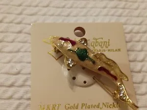 Authentic 24kt Gold Plated Fish Brooch/Pin, Enamel, Clear Stones, Goldtone,, St....