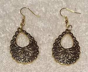 Authentic Goldtone Filigree Teardrop Earrings w/Gold Plated Earwires Handmade