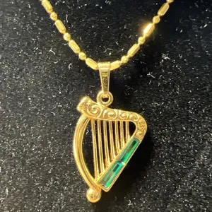Authentic Solvar Irish Gold Plated Pendant Harp with Emerald Stones & 18” Goldtone Chain