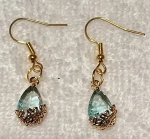 Authentic Goldtone Glass Turquoise Charm w/ Gold Plated Earwires Handmade