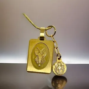 Authentic Vintage Mid Century Gold Plated Cancer the Crab Zodiac Sign Goldtone Pendant 18”