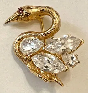 Authentic Vintage Gold Plated or Goldtone Swan Rhinestone Brooch or Lapel Pin 1" X 1.5"