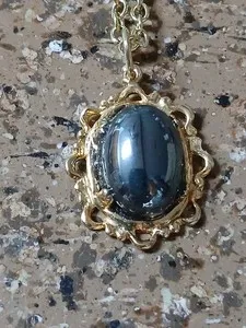 Authentic Hematite Necklace In Goldtone Setting And Gold Plated Chain Handmade
