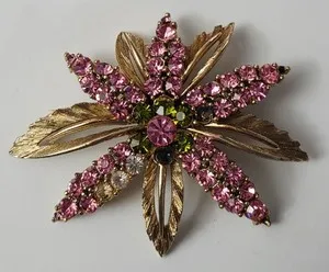 Authentic Vintage Lisner Pink Green Goldtone Gold Plated Flower Brooch Pin MISSING STONES