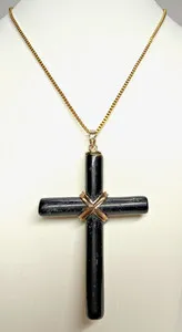 Authentic vtg Large 3" Black Onyx Cross 10kt Gold Plated 20" goldtone box chain Necklace