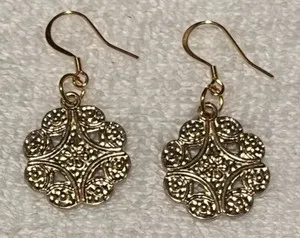 Authentic Goldtone Flower/Swirls Drop Charm W/18K Gold Plated Earwires