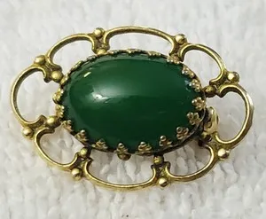 Authentic Vintage Freirich Oval Green Glass & Goldtone Gold Plated Brooch Pin Signed